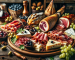 DALL·E 2024-01-13 18.25.25 - A gourmet selection of various types of cured hams displayed elegantly on a wooden board, accompanied by a variety of cheeses, olives, and grapes, in (1)